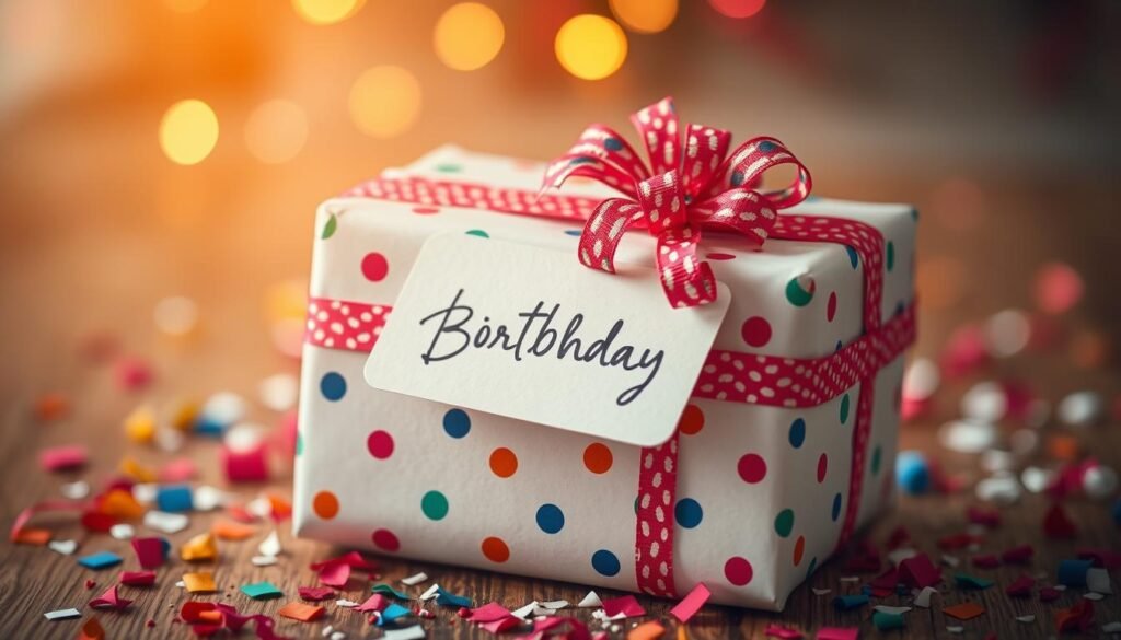 A beautifully wrapped birthday gift with colorful ribbon and a handwritten card, surrounded by confetti and small decorative elements