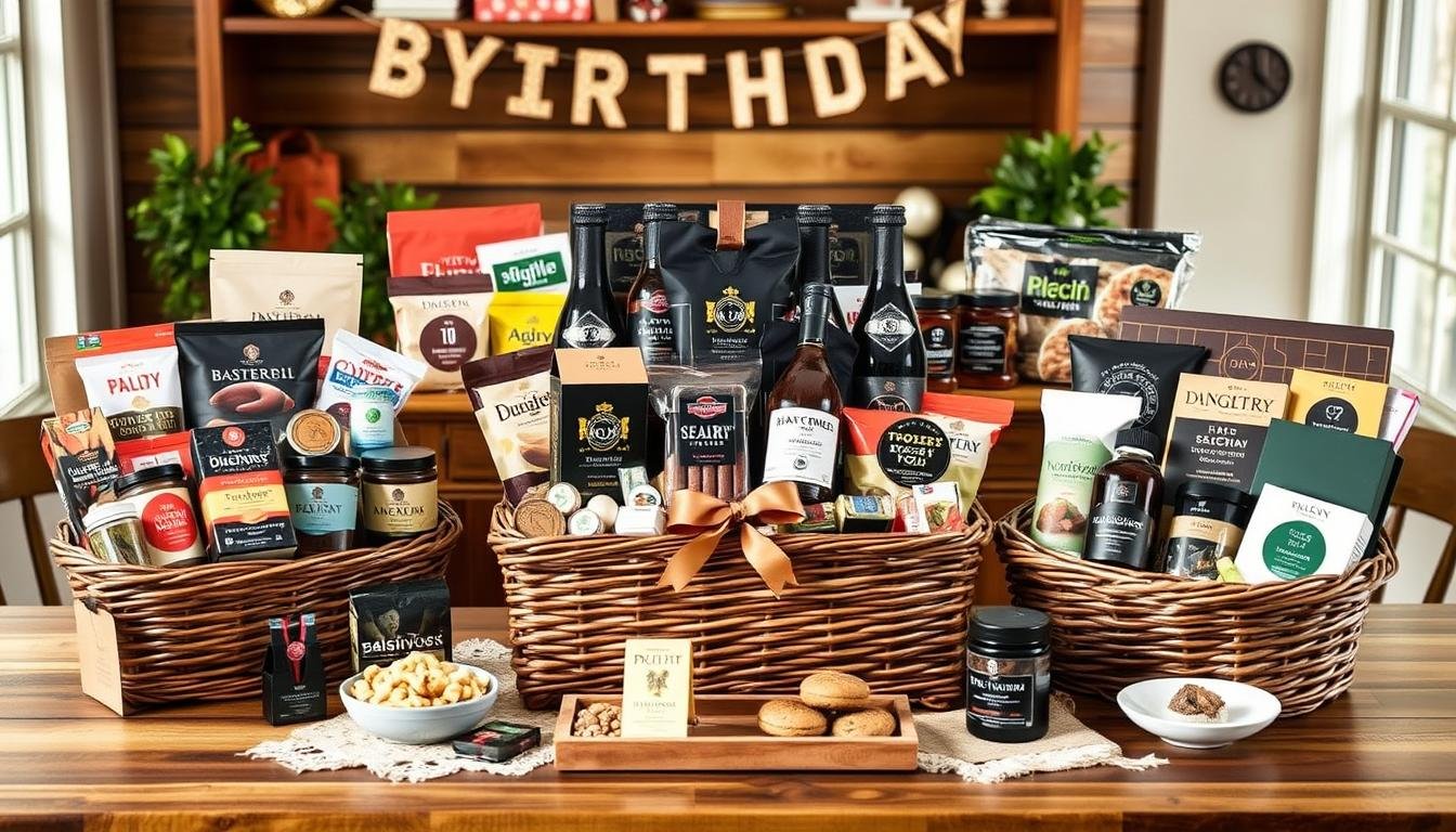 Assortment of birthday gifts for boyfriend baskets with various themes including snacks, drinks, and personalized items