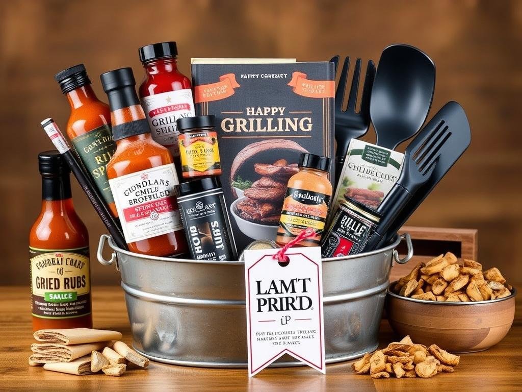 BBQ and grilling gift basket for boyfriend with sauces, rubs, and grilling tools