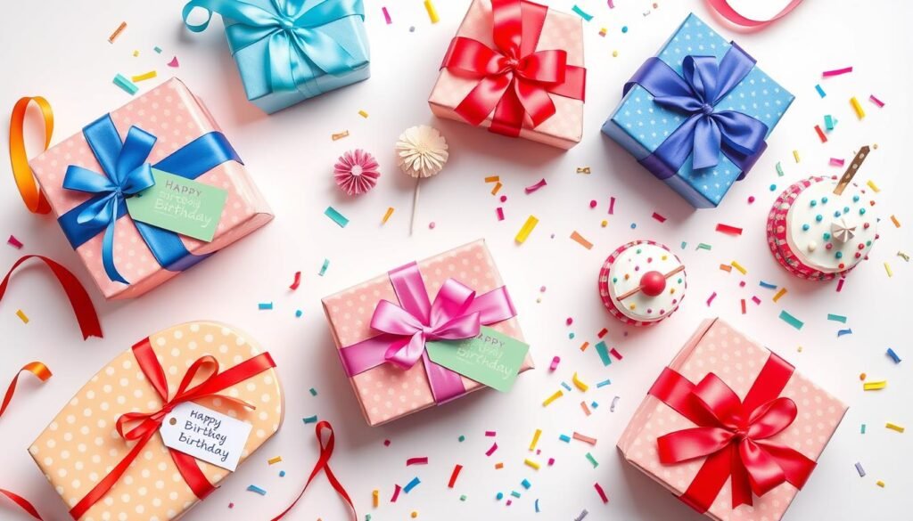 Beautifully wrapped birthday gifts with colorful ribbons and celebration accessories