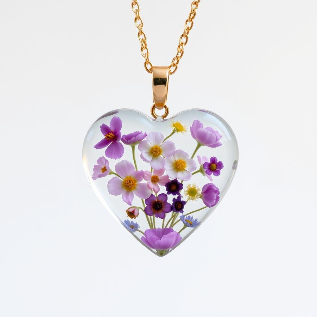 Birth month flower heart necklace pendant with preserved real flowers