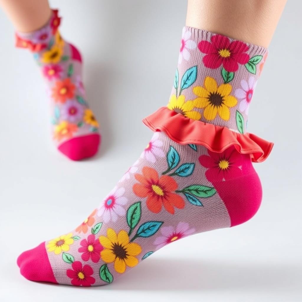 Colorful birth month flower socks with ruffle detail at ankle