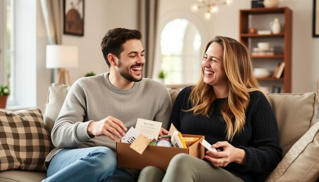 Couple enjoying a DIY date night box with activities