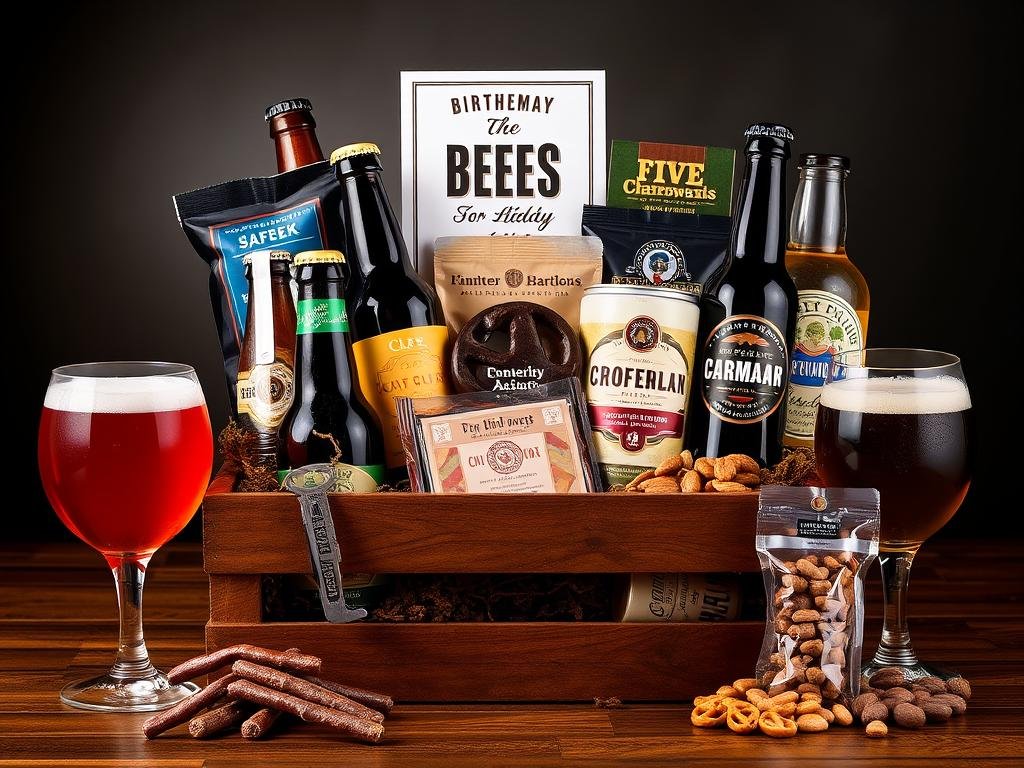 Craft beer gift basket for boyfriend with assorted beers, snacks, and beer accessories