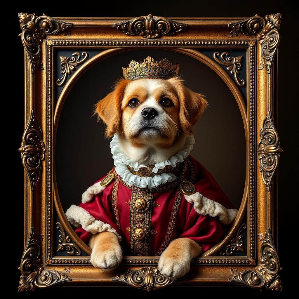 Custom pet portrait in renaissance style costume with ornate frame