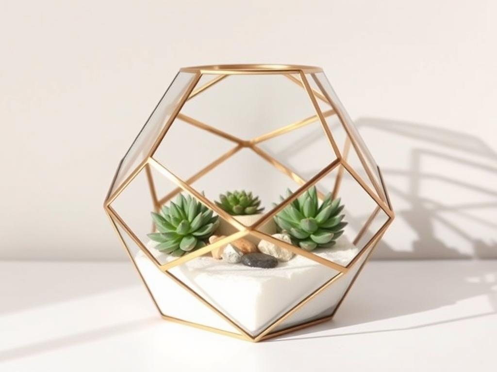 Geometric terrarium with succulents and decorative elements