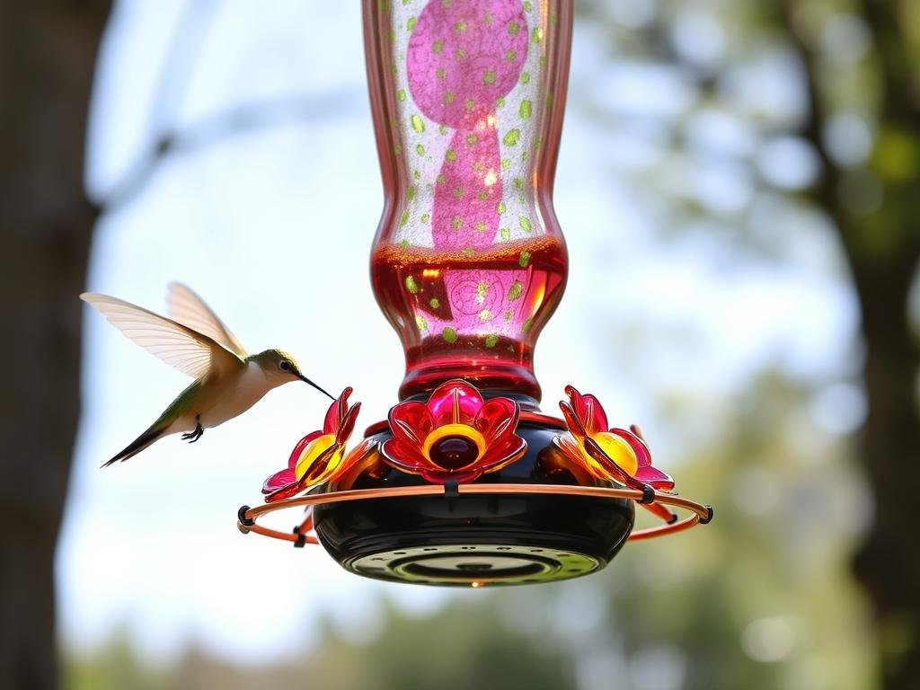 Hand-blown glass hummingbird feeder with copper accents - Prettiest Birthday Gifts ideas