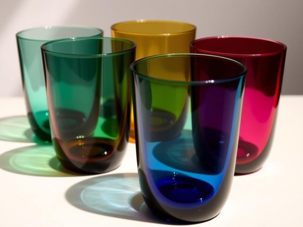 Handblown colored glass tumblers in jewel tones