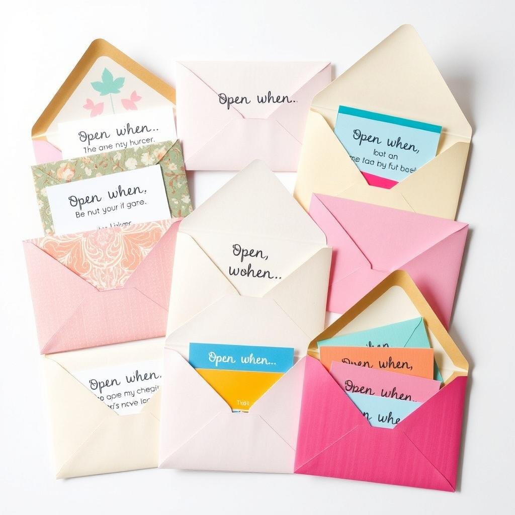 Handmade open when letters set with decorative envelopes and contents