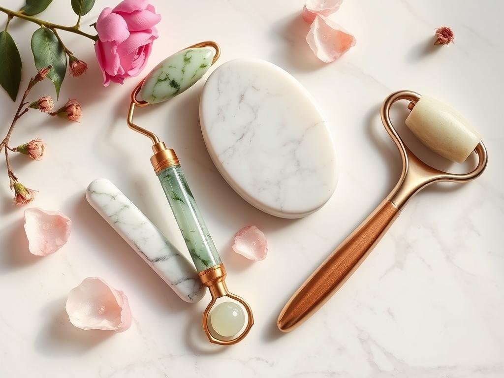 Luxury skincare tools including jade roller and gua sha as birthday gift ideas
