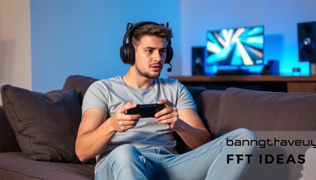 Man enjoying gaming with wireless controller and headset