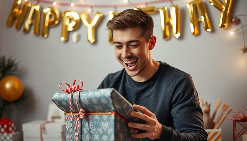 Man opening birthday gift with surprised expression
