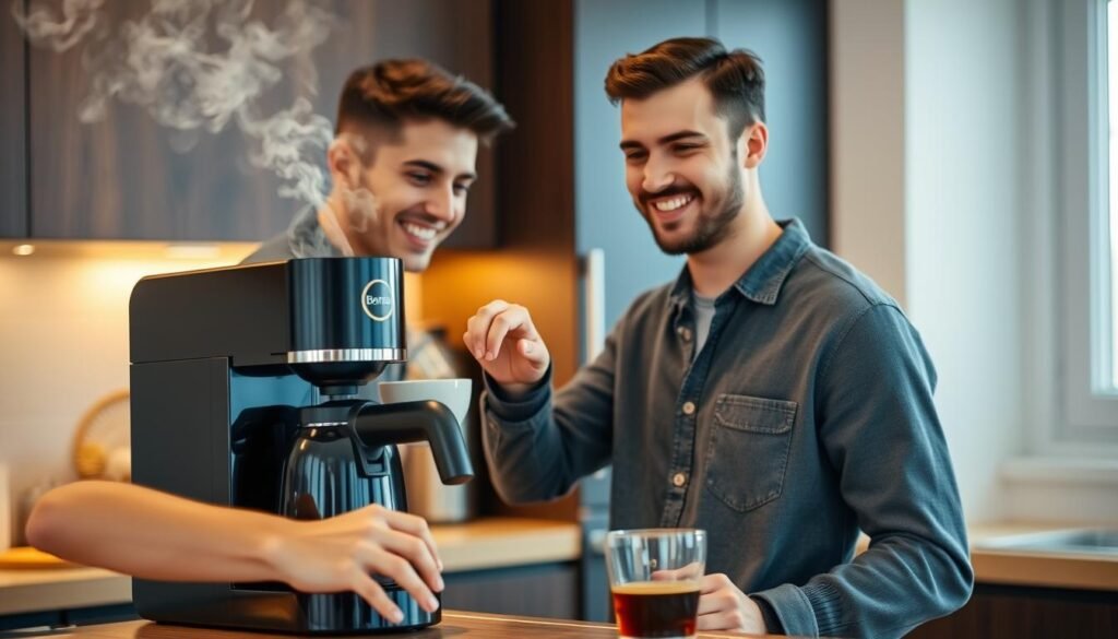 Man using coffee maker to brew fresh coffee