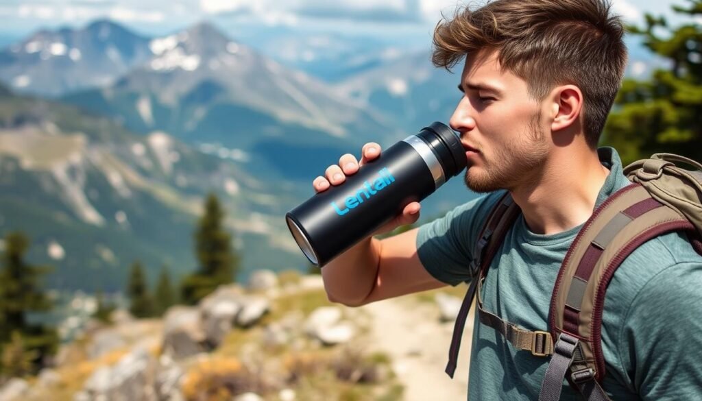 Man using insulated water bottle during hiking adventure