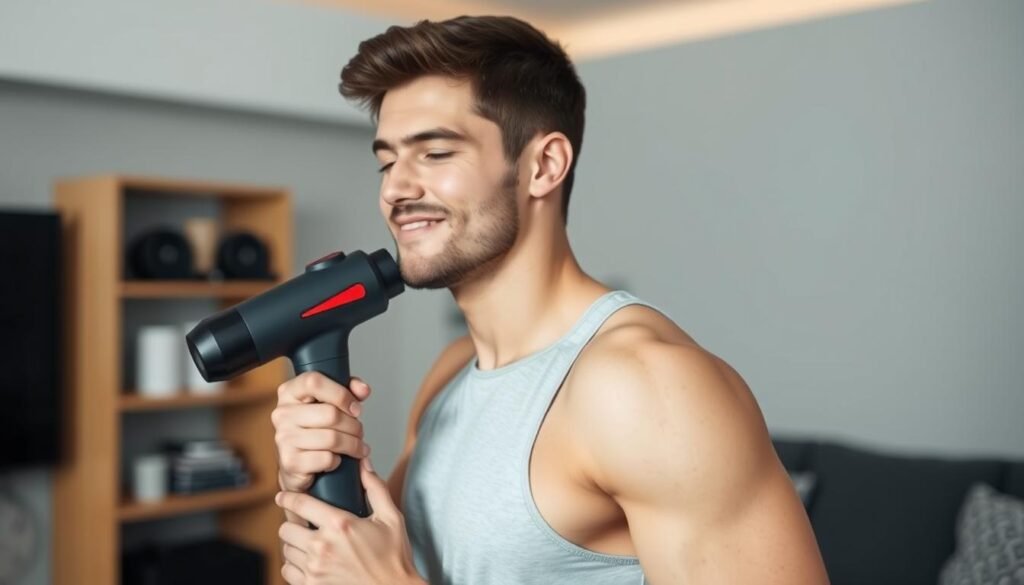 Man using massage gun on shoulder after workout