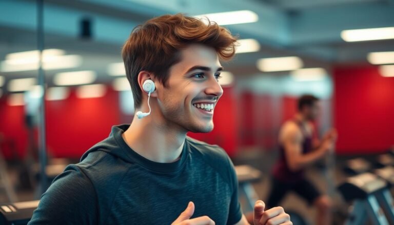 Man using wireless earbuds while working out at the gym don't use text on image