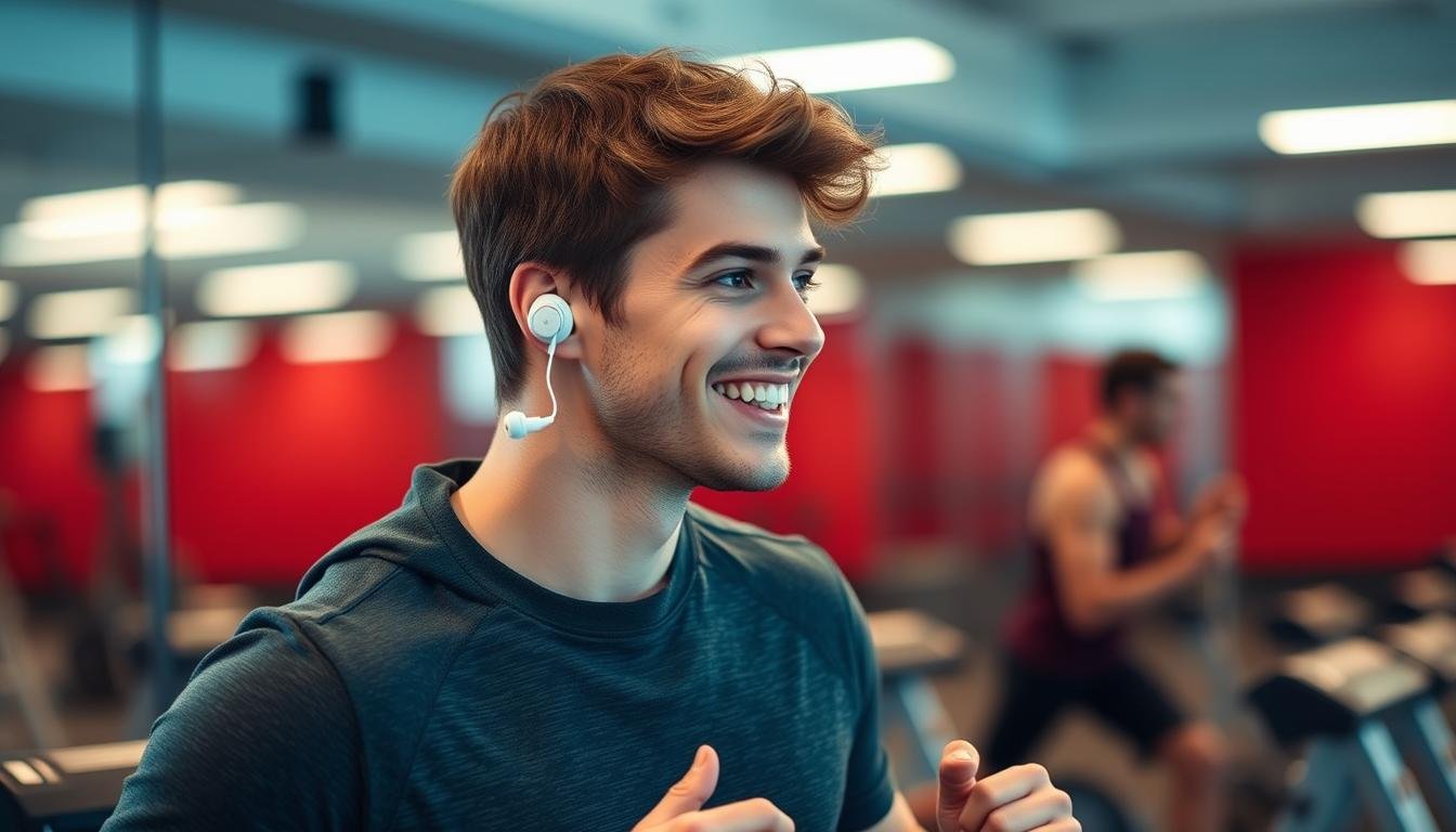 Man using wireless earbuds while working out at the gym don't use text on image