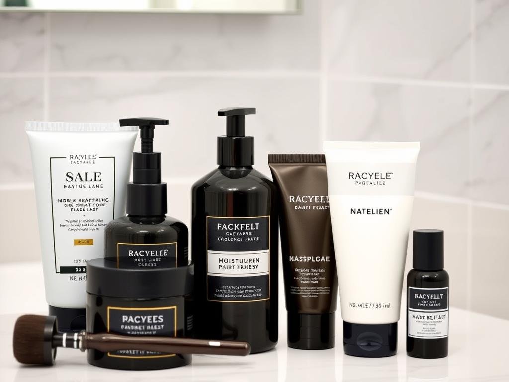 Men's skincare products arranged in gift set