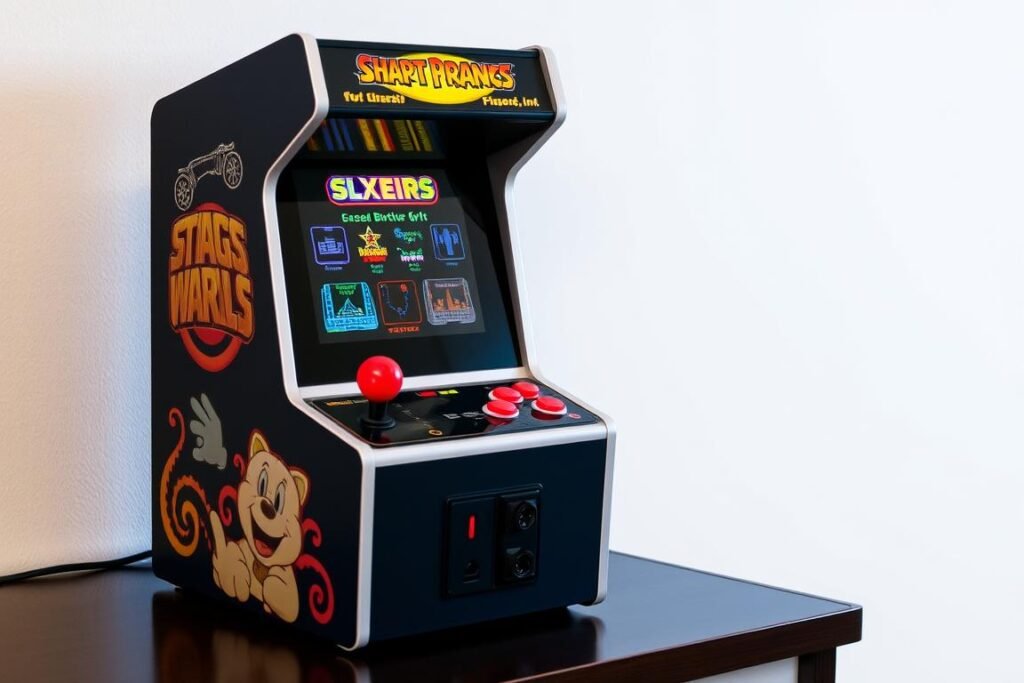 Mini retro arcade machine with classic games displayed