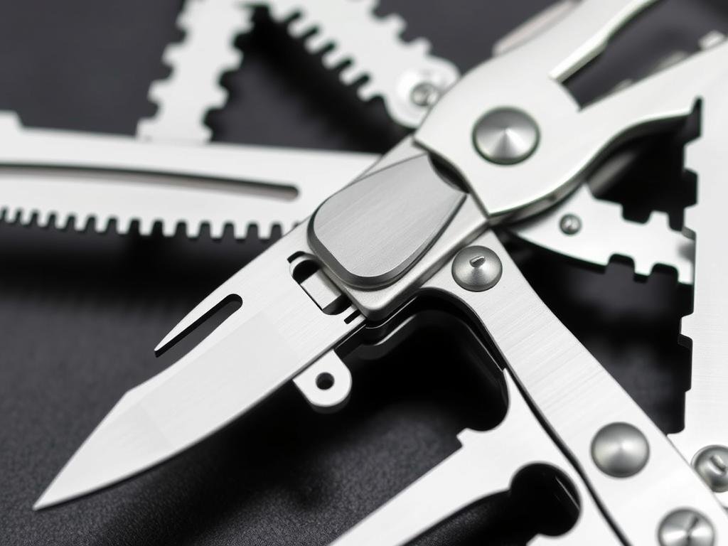 Multitool pocket knife with various tools displayed