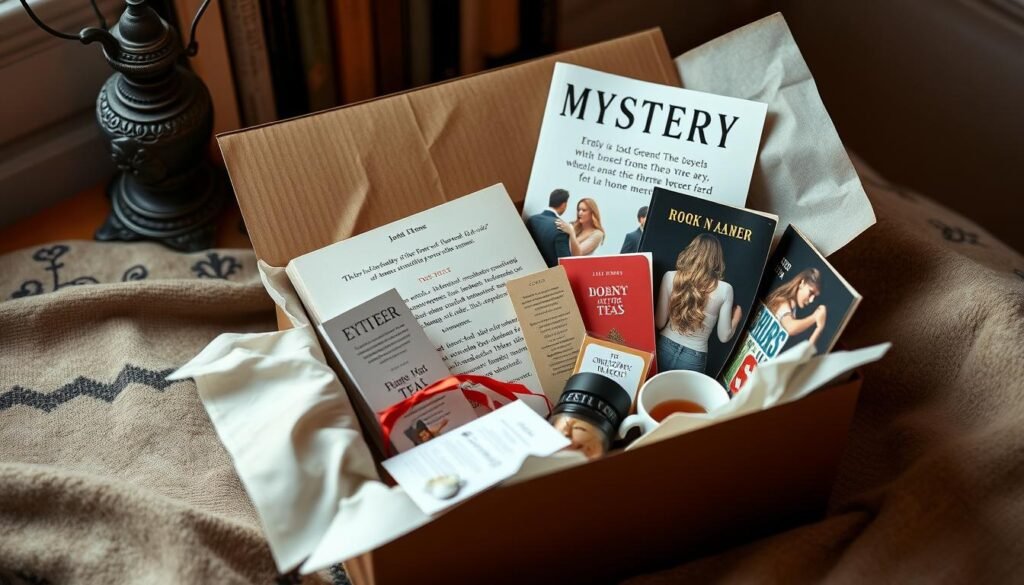 Mystery book subscription box with wrapped novel and themed items