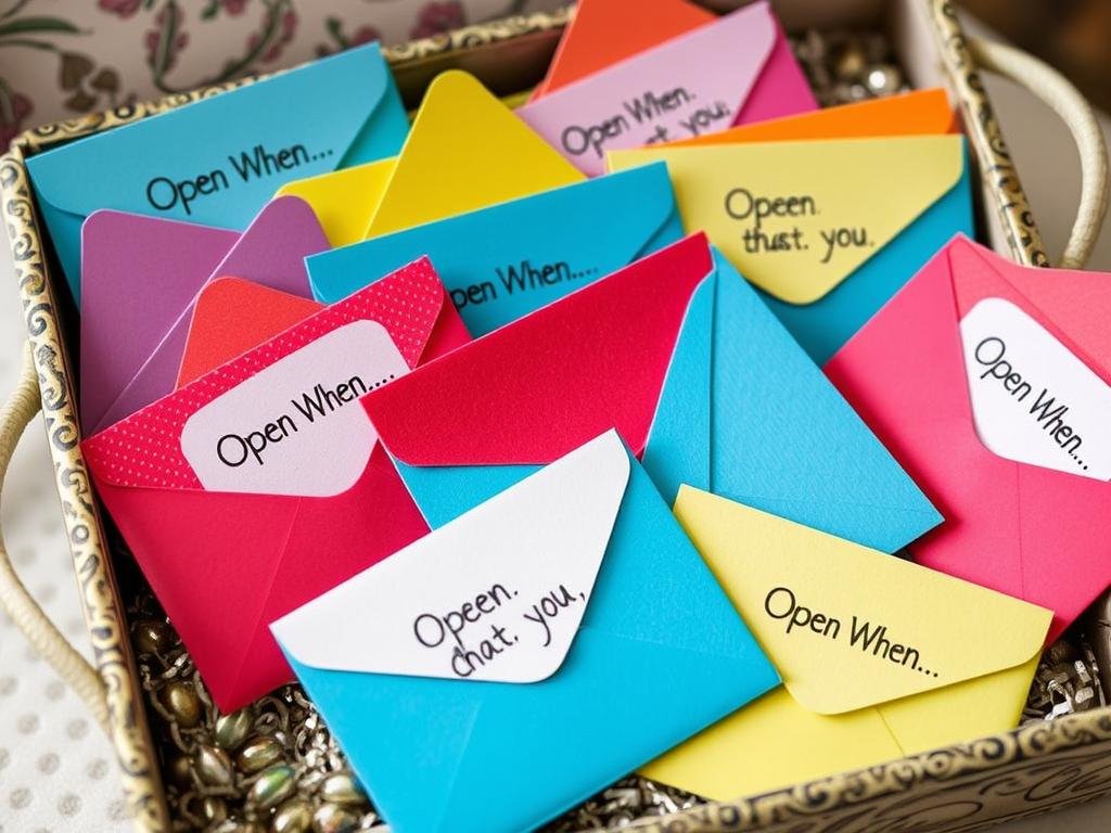 Open When letters arranged in a gift box for DIY birthday gifts for boyfriend