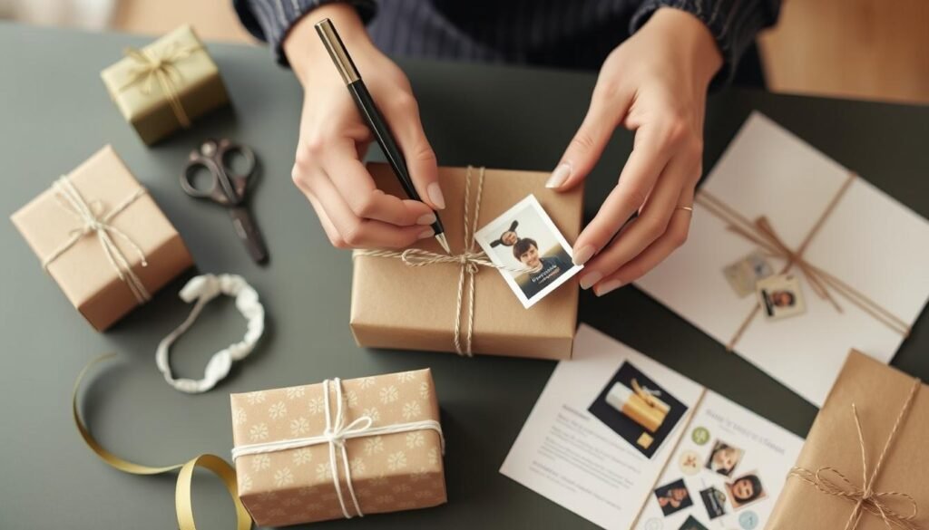 Person adding personalized touches to a birthday gift with handwritten note and custom wrapping