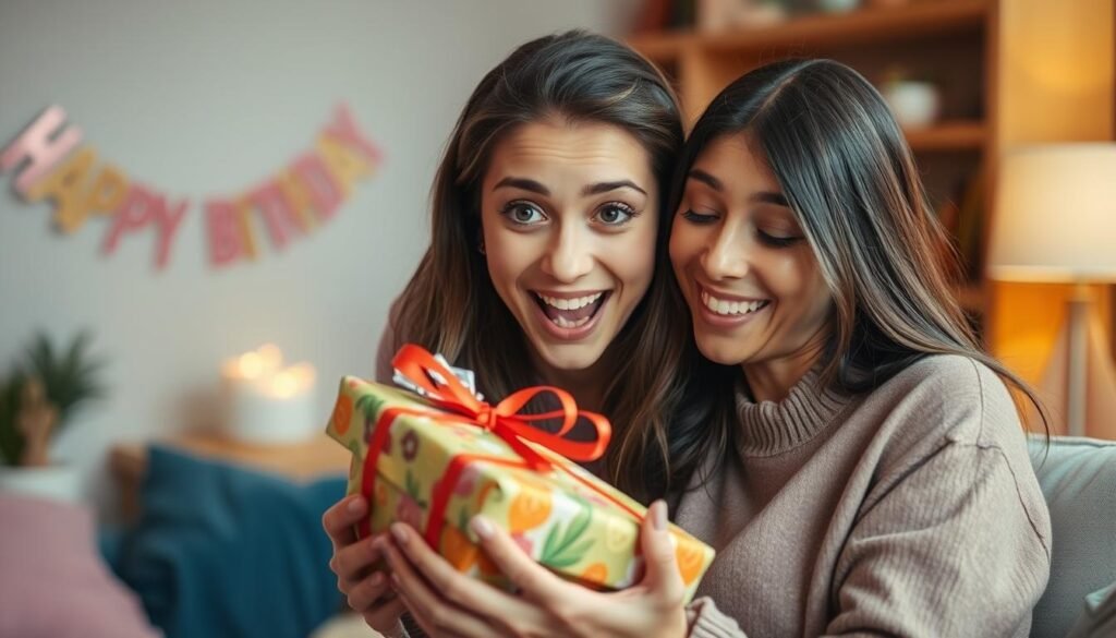 Person happily receiving a thoughtful birthday gift with surprised expression