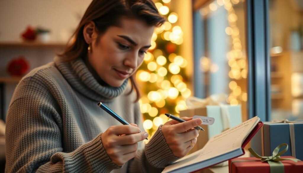 Person thoughtfully selecting a birthday gift while making notes about recipient's preferences