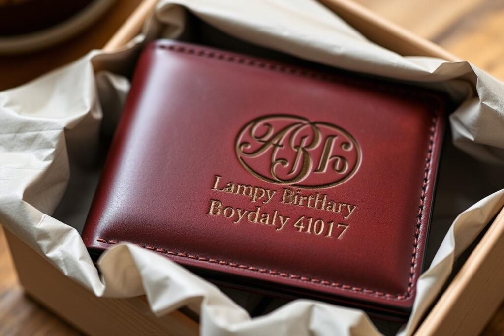 Personalized leather wallet with monogram being gifted