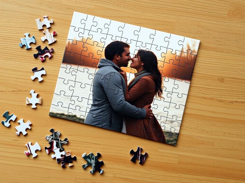 Personalized photo puzzle being assembled for DIY birthday gifts for boyfriend
