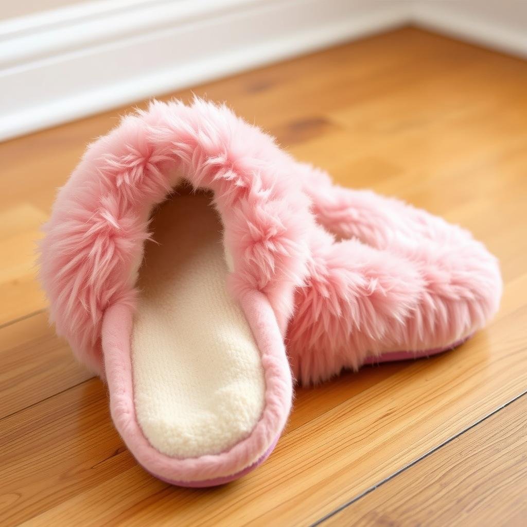 Plush faux-fur slippers in soft pink color on wooden floor