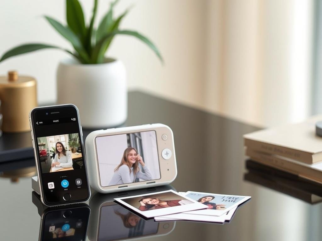 Portable instant photo printer with smartphone and printed photos