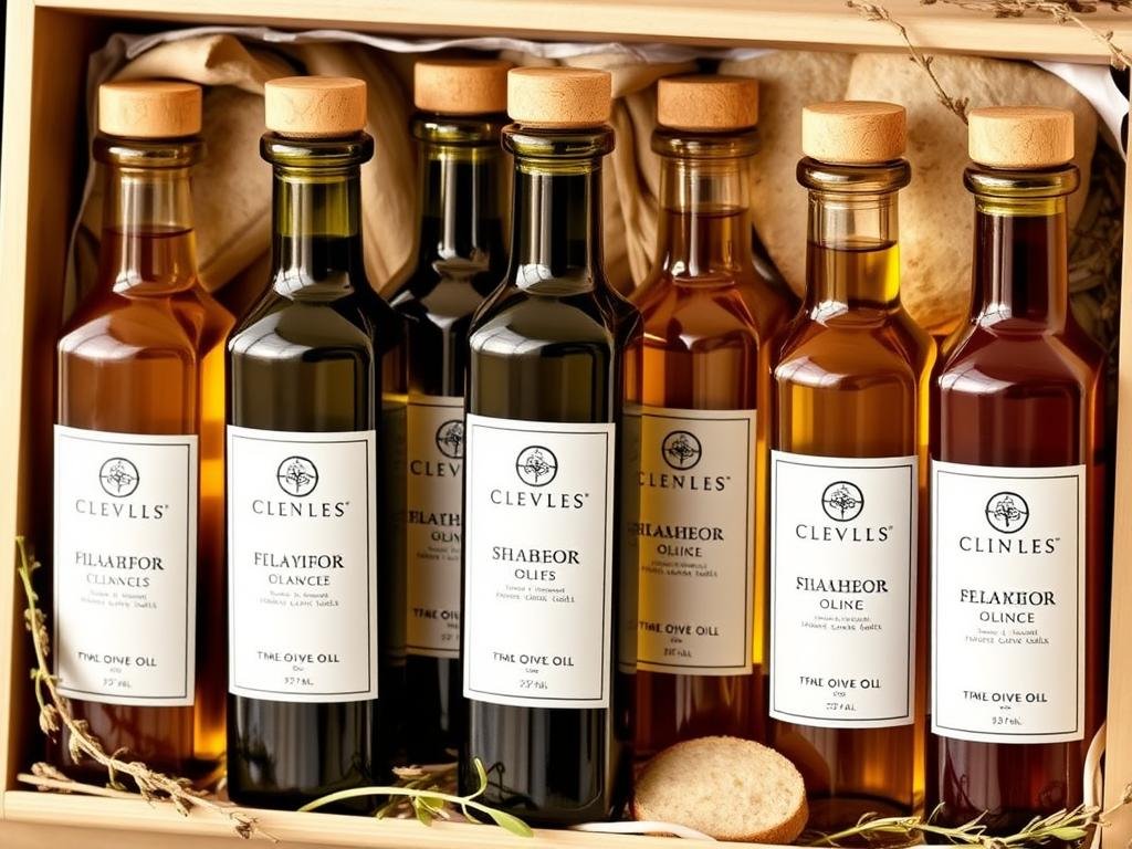 Premium olive oil gift set with infused varieties in elegant bottles