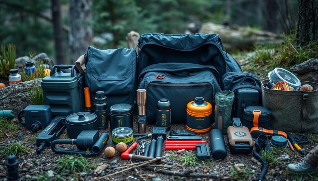 Premium outdoor adventure gear arranged for camping or hiking as birthday gift ideas