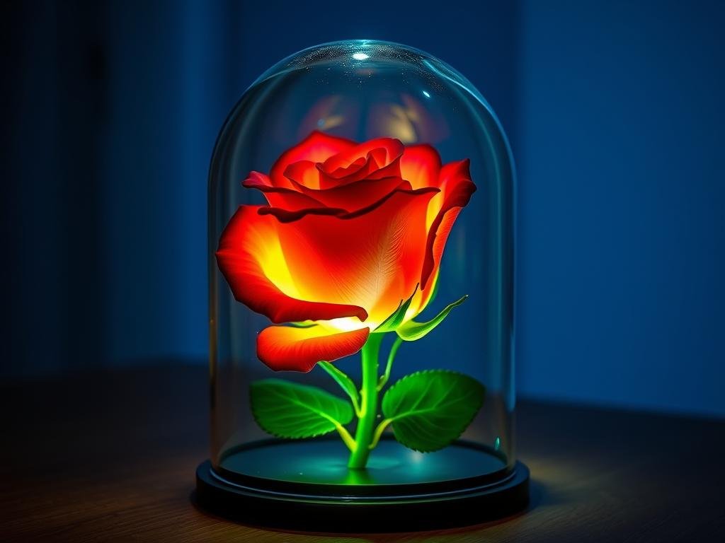 Preserved rose in glass dome with LED lights