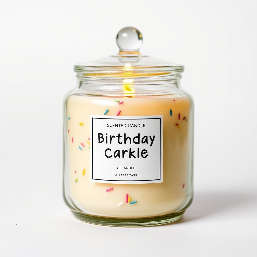 Scented birthday cake candle in decorative glass jar with lid