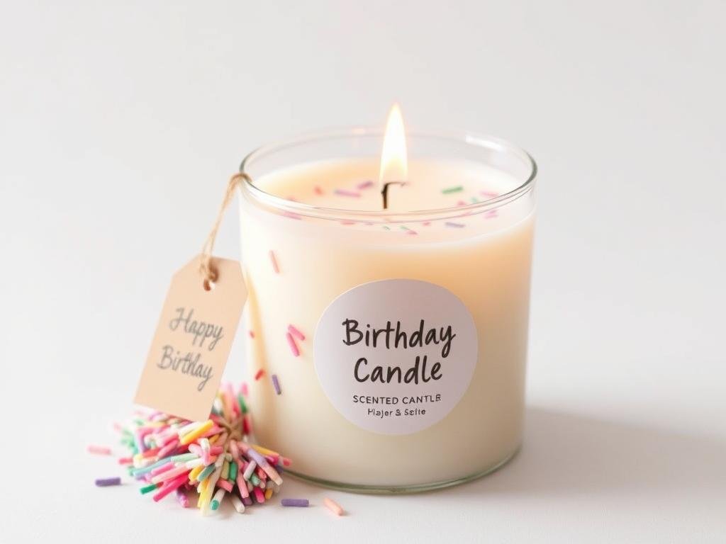 Scented candle with birthday cake design and sprinkles