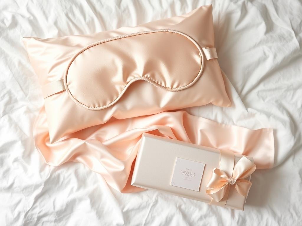 Silk sleep mask and pillowcase set in pastel colors with elegant packaging