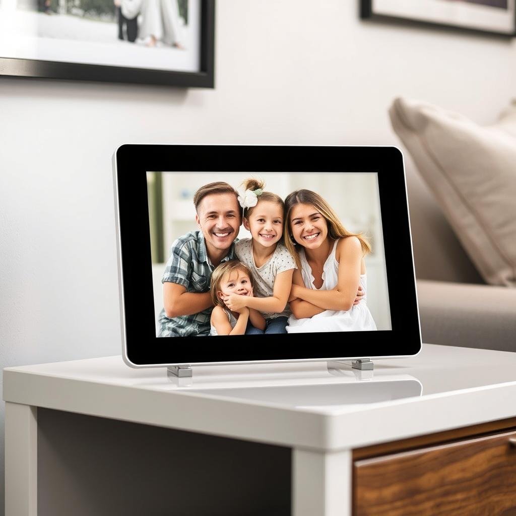 Smart digital picture frame displaying family photos as a birthday gift idea