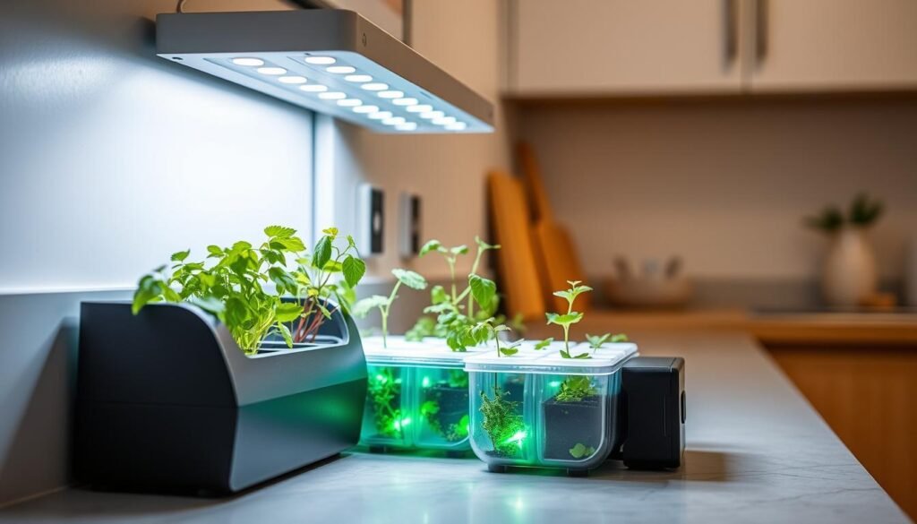Smart garden growing fresh herbs indoors with LED lights