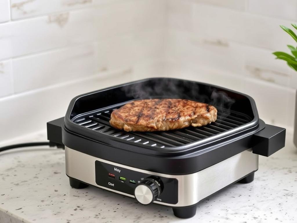 Smokeless indoor grill cooking steak with minimal smoke