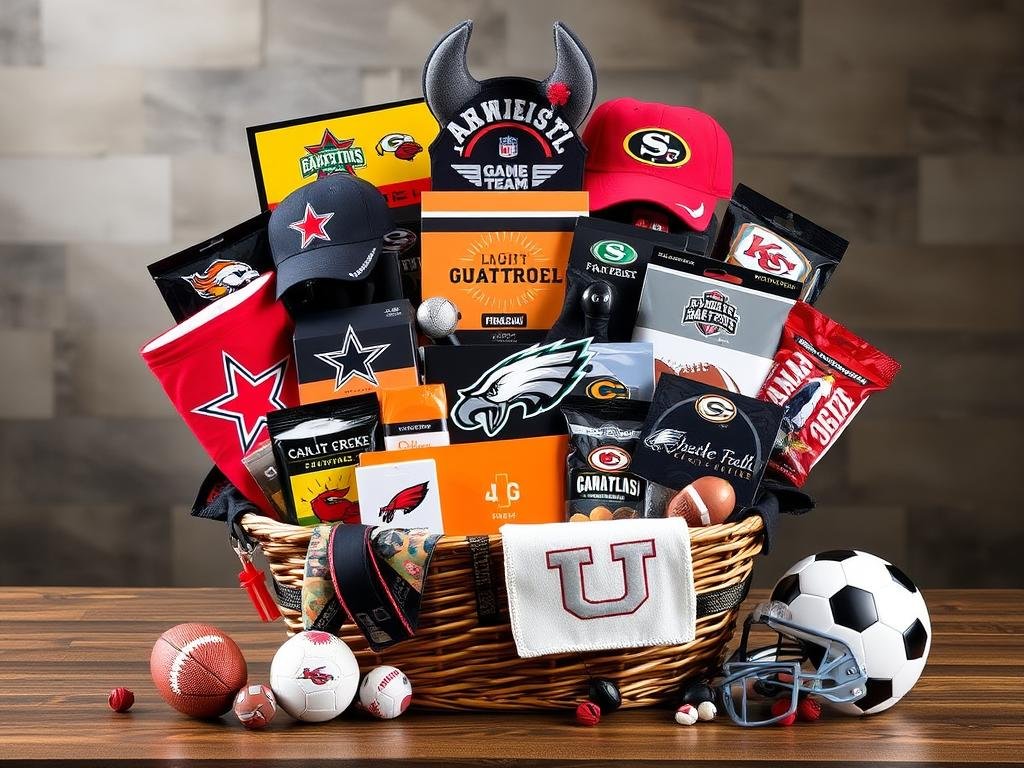 Sports-themed gift basket for boyfriend featuring team merchandise and game day snacks