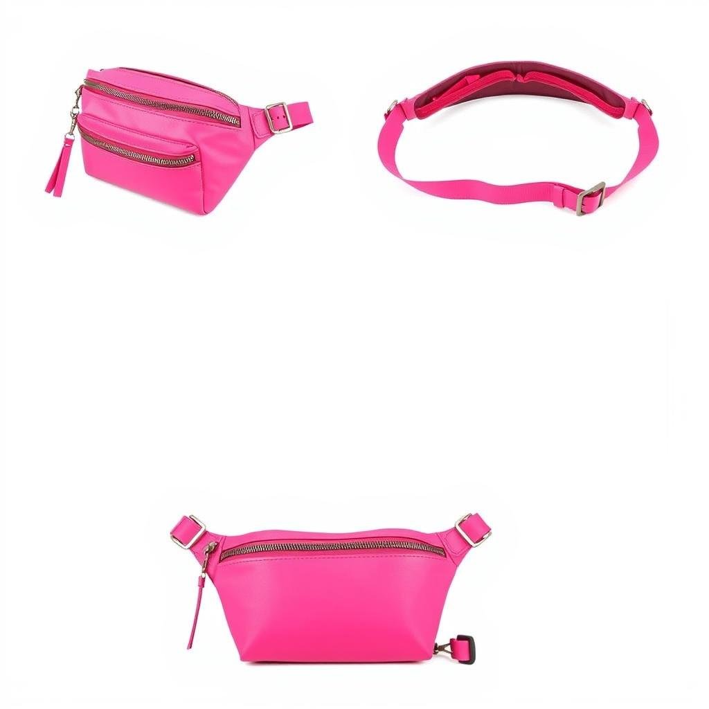 Stylish belt bag in bright pink color shown from multiple angles