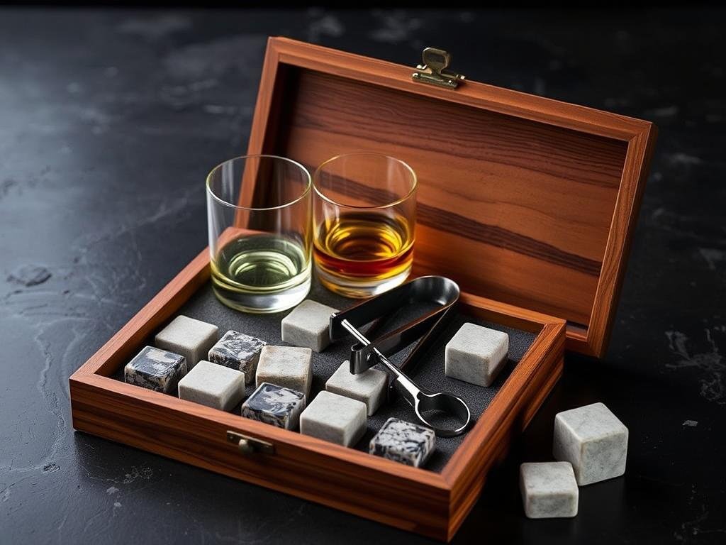 Whiskey stones gift set with glasses and wooden box