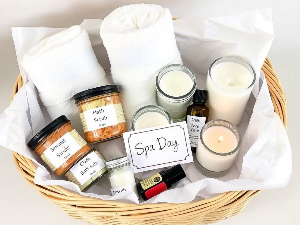A DIY spa day kit with homemade products, candles, and towels arranged in a gift basket