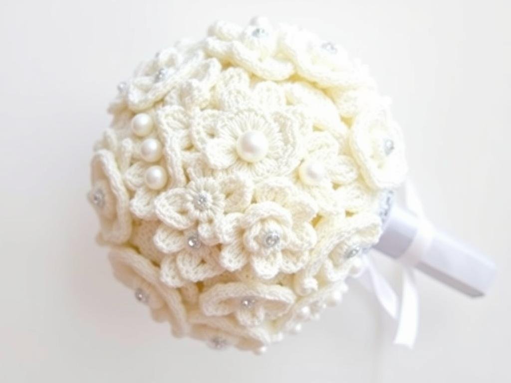 A beautiful crocheted bridal bouquet with white flowers and pearl accents