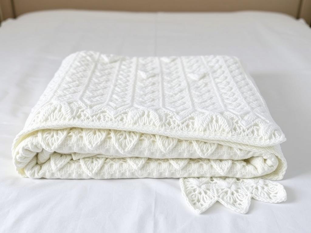 A beautiful white crochet wedding blanket with intricate pattern folded on a bed