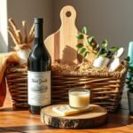 A beautifully arranged housewarming gift basket with wine, cheese board, and home decor items