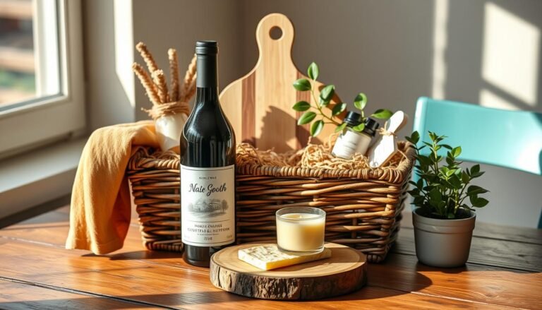 A beautifully arranged housewarming gift basket with wine, cheese board, and home decor items